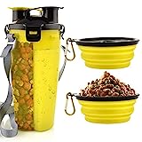 MATT SAGA 800 ml Dog Water Bottle and Food Bottle 2-in-1 with 2 Foldable Dog Travel Bowls for Walking, Hiking and Travel (Yellow)